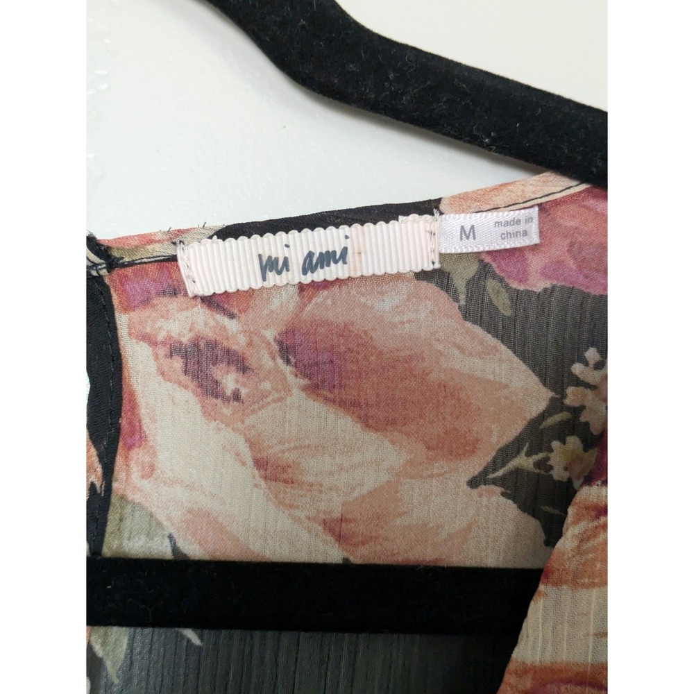Mi Ami Dress Juniors Medium Boho Black Floral Mini Sheer Chiffon Tiered Garden - Picture 4 of 8